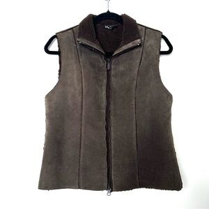 Vintage Boho Western Express Chocolate Brown Leather Shearling Dual Zipper Vest